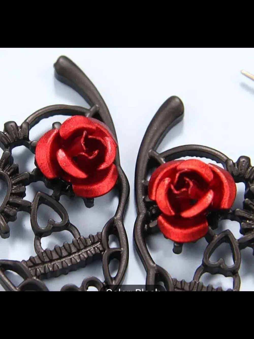 Black Floral Drop Earrings with Red Rose Accent